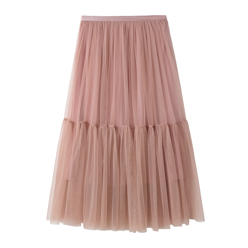 2025 New Mid-Length Tutu Skirt for Women Spring and Summer High-Waist Splicing Pleated Mesh Skirt with Large Hem 8752