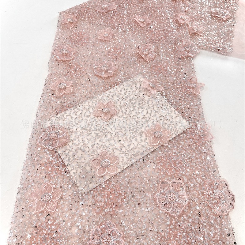 Moda full sequinilla tubo de perlas bordado tela de encaje estereoscópico mano calcomanías tela de vestido de boda alta fijación
