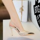2727-1 Fashionable Hollow Weaving Fine Heel Sandals with Women's High Grade Sense Metal Pointed Straight Strap High Heels
