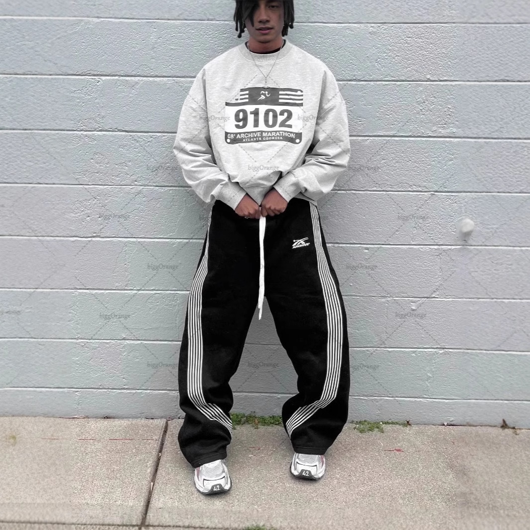 Men's & Women's Vintage Y2K Retro Side Stripe Jogger Pants - High Waist Loose Fit Casual Sweatpants With Fleece Embroidery (Black/Gray Stripe,)_voghion.com