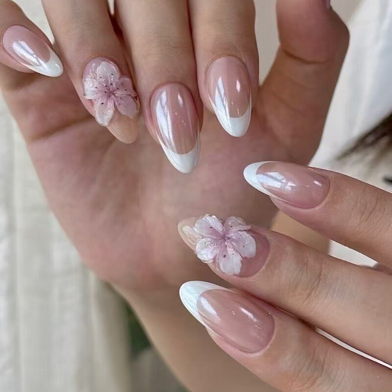 Purely Handmade Hailey Pink French-Style Carved Press-On Nails Almond Nails Export Hot-Selling Simple White-Edged Nail Pieces Cross-Border Wholesale