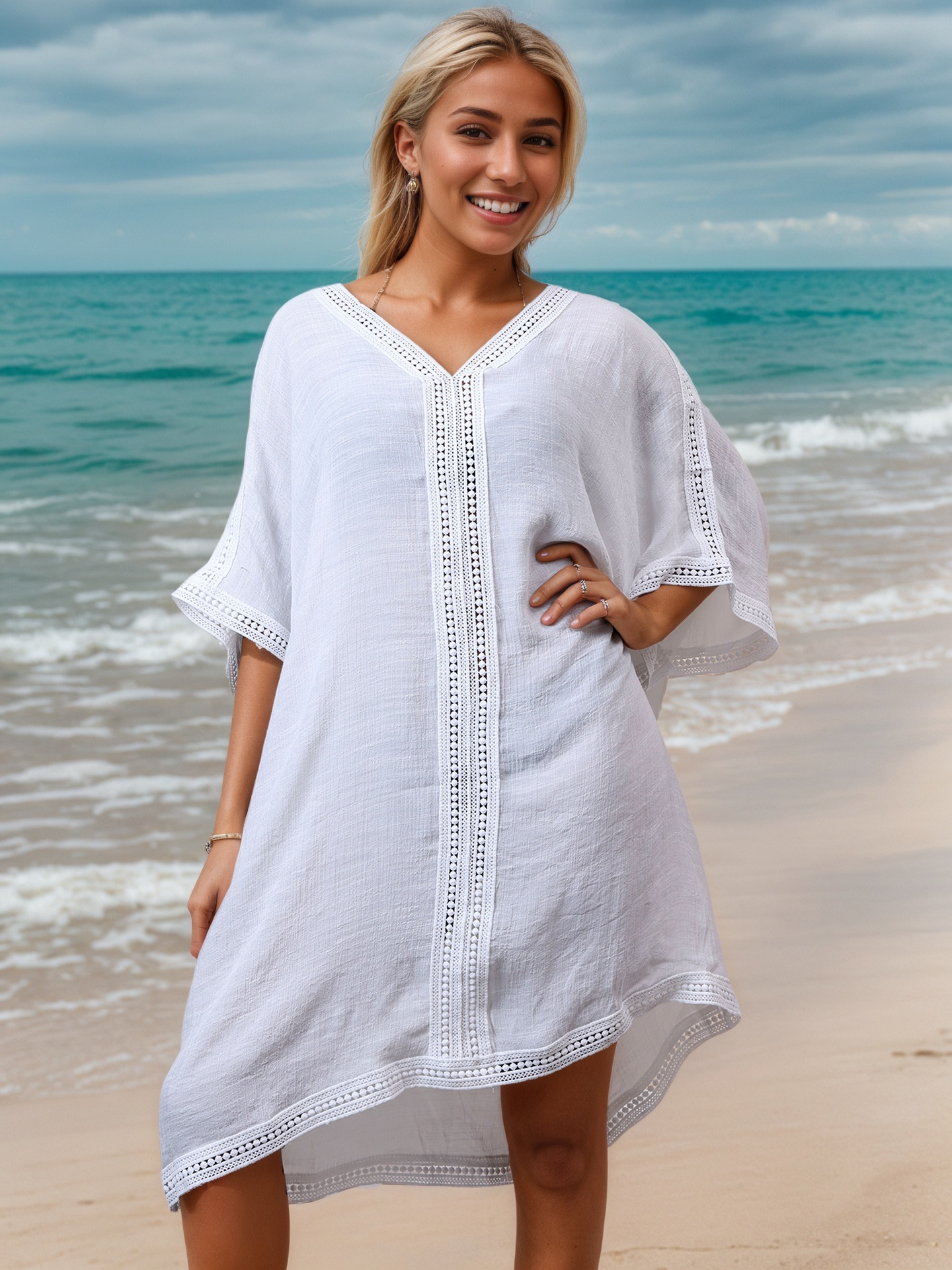 Cubierta de playa de algodón y bambú para protección solar, holgada, talla grande, sexy y ligera.