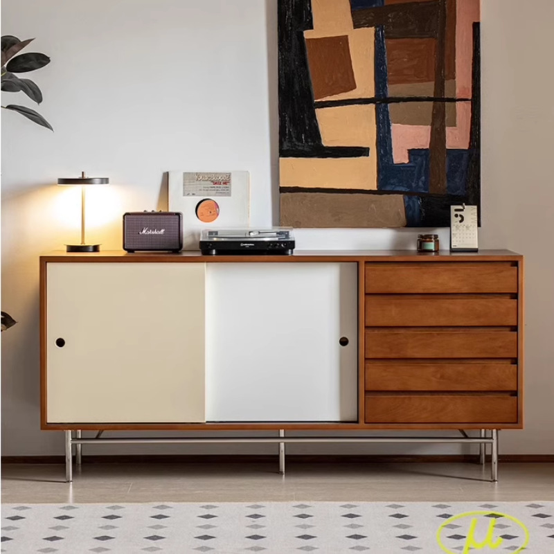 Retro Solid Wood Sideboard Nordic Integrated Wall Storage Cabinet Coffee Machine Cabinet Small Apartment Tea Cabinet Storage Side Cabinet