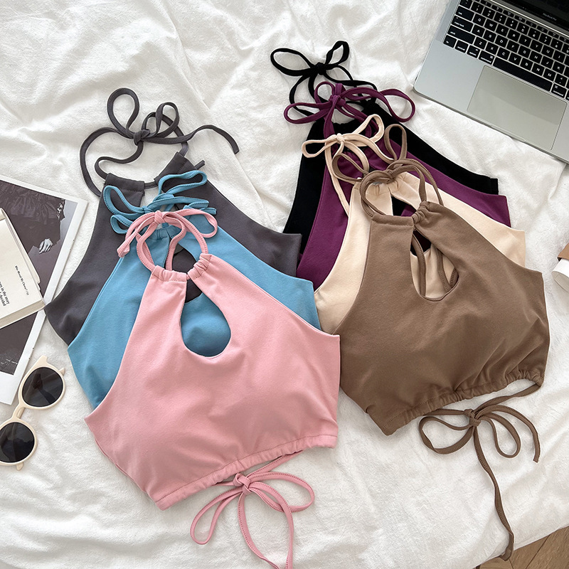 Pure Cotton Sexy Versatile Cut Out Halterneck Camisole Women's Summer Slimming Look Short Backless Tube Top Trendy