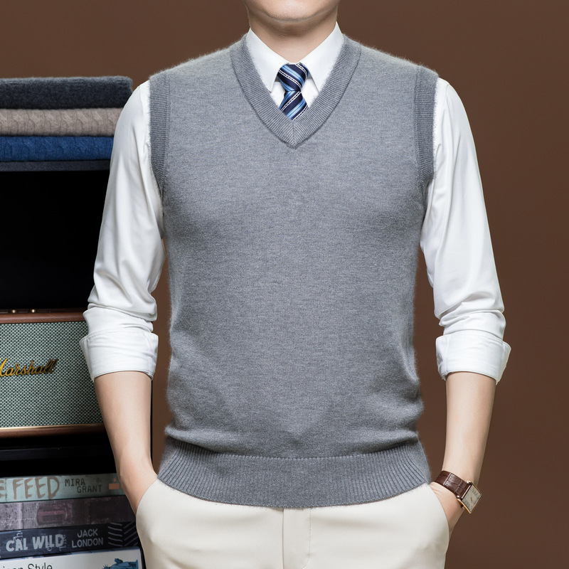 Cross-Border Autumn V Neck Wool Sweater Vest Men's Pure Color Knitted Pullover Bottoming Shirt Sweetheart Collar Casual Vest for Men