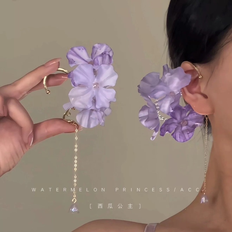 玫瑰之恋~复古红色花朵耳挂无耳洞耳环度假风氛围感海边拍照耳饰|undefined