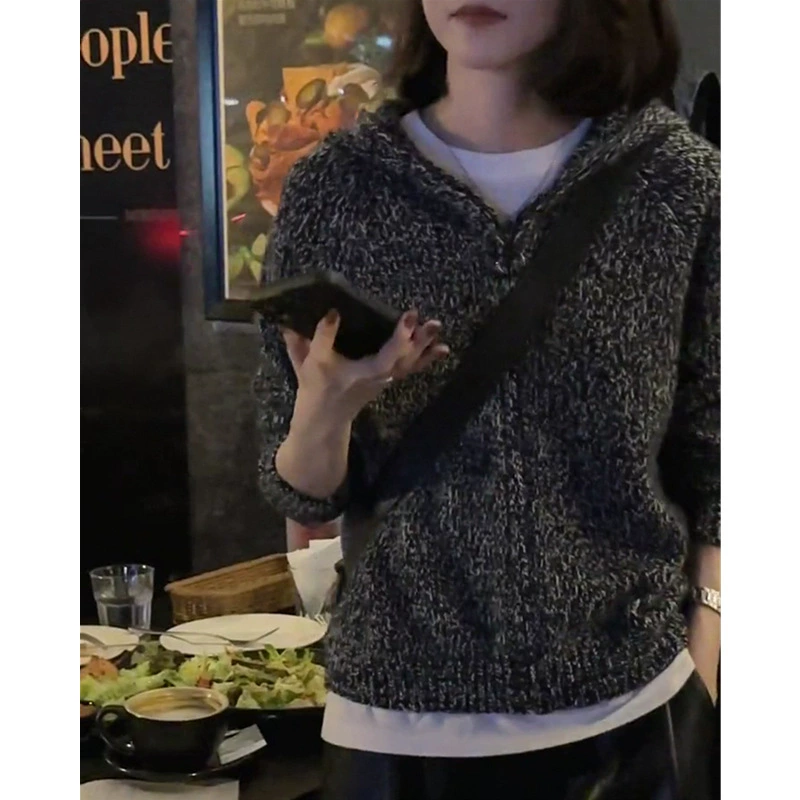 Woolen sweater with hood, velvet knitted demi-season cardigan, short jacket with zipper, loose fit