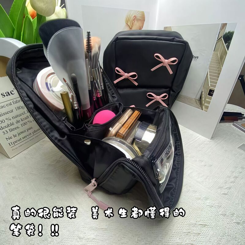 韓国語版のかわいいリボン化粧品バッグ女性用垂直化粧ブラシ収納袋大容量ポータブルパーティション収納袋|undefined