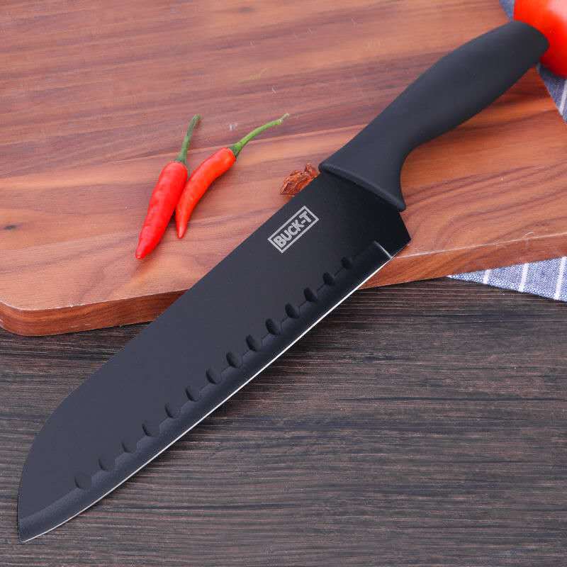 Juego de cuchillos de acero inoxidable para el hogar Juego de siete piezas Cuchillo de frutas de cocina de acero negro Cuchillo de cocina Juego de cuchillos Soporte para cuchillos de plástico Tablero de cortar