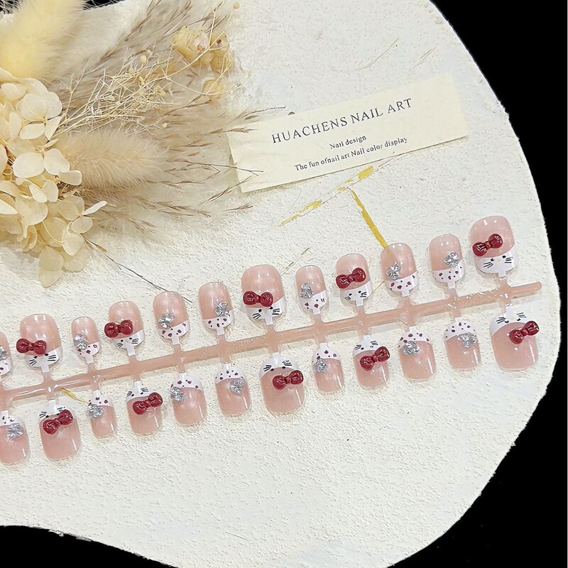 【Rainbow Kitty】Short Square Round Press-On Nails, Sweet Girl Style, Glass Bead Cat Eye Manicure, Pre-made Nails Factory 【Rainbow Kitty】Short Square Round Press-On Nails, Sweet Girl Style, Glass Bead Cat Eye Manicure, Pre-made Nails Factory