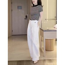 2435大爱美依缘2025春夏新款韩版条纹短袖T恤白色休闲长裤女装潮