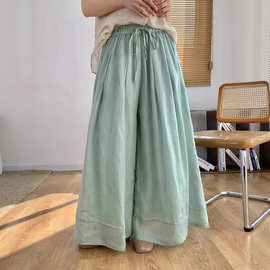 苎麻裙裤 2025夏新款松紧腰文艺复古宽松飘逸纯色双层阔腿直筒裤