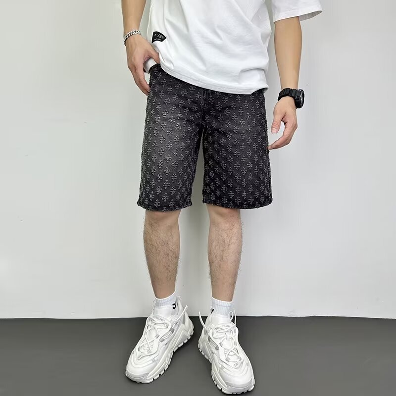 Cross-border Niche Pants Men's 2024 New Summer Loose Straight-leg Wide-leg Jacquard High-grade Denim Shorts for Men