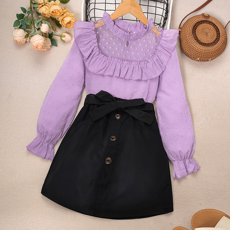 Mädchen Zweiteiler Set Mit Spitzen-langarmshirt Und Rock_voghion.com