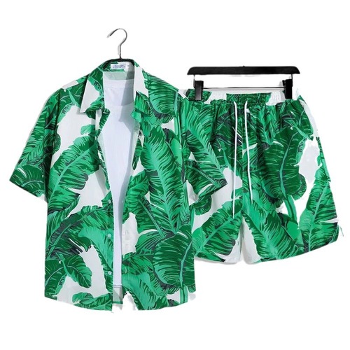 Hawaiian Beach Vacation Style Short-Sleeve Set for Men and Women, Loose Couple Shorts and Flowered Shirt, Casual Two-Piece Set