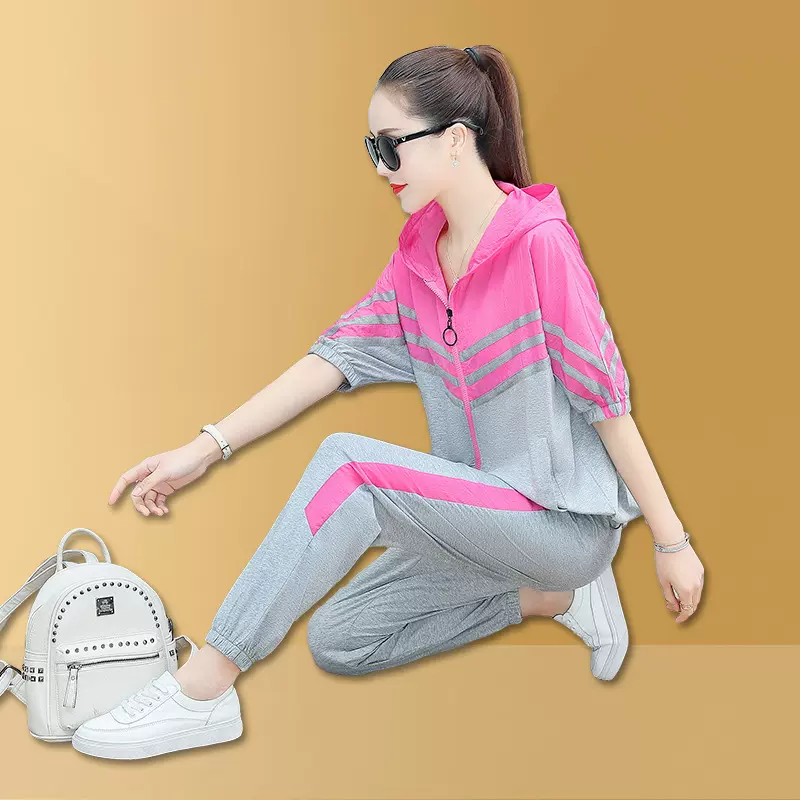 运动服套装女夏款女士薄款时尚女装跳连帽短袖卫衣休闲两件套套装
