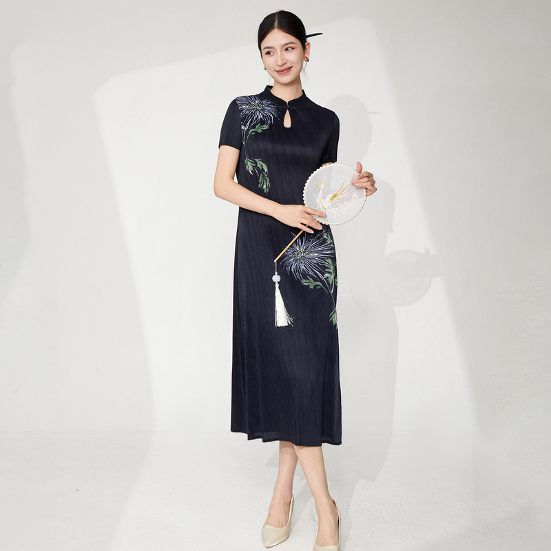 Improved Cheongsam dress Women's Summer High-end Retro Chinese-style Printed Split Elegant Elegant Miyake Skirt