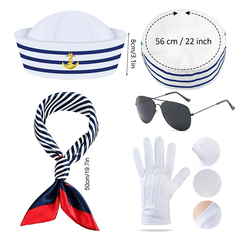Sailor cosplay set — hat and navy scarf, sizes 56/58/adjustable, hat & accessory options