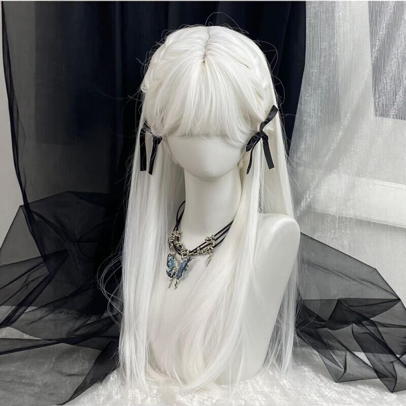 Full Head Wig for Women, Lolita Style with Bangs, Pure White Long Straight Hair, Anime Universal Cosplay Realistic Wig Full Head Wig for Women, Lolita Style with Bangs, Pure White Long Straight Hair, Anime Universal Cosplay Realistic Wig
