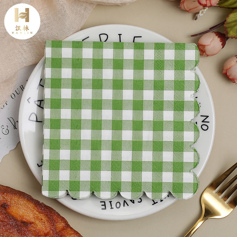 Cross-Border Hot Selling Disposable Birthday Party Lace Green Checkered Napkin 25*25 Series Special-Shaped Napkin