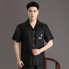 夏季新男装高档真丝绸缎香云纱莨绸男式衬衫短袖桑蚕丝上衣中国风