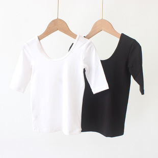 Summer High Quality Modal Children Low Collar Half Sleeve Backless U Collar T-Shirt 5 Sleeve Base Shirt Gymnastics Tight
