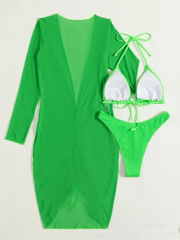 Mingyi nuevo europeo y americano sexy color sólido onda paño bikini manga larga blusa moda traje de baño de tres piezas