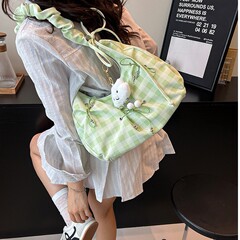 跨境小众设计包包女2025新款格子抽绳水桶单肩包褶皱大容量托特包
