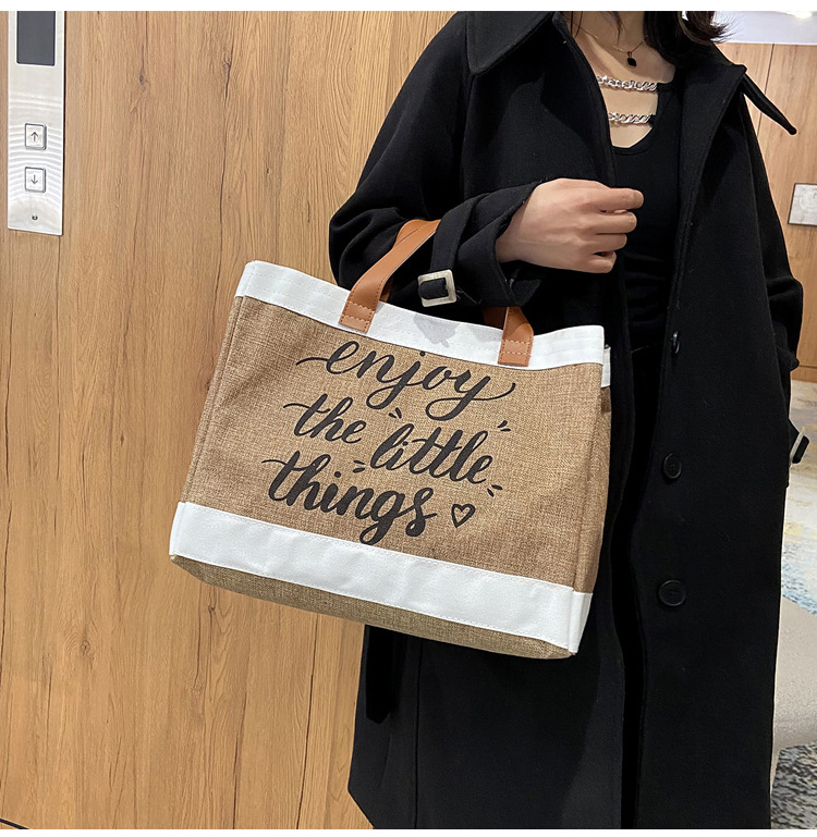 360g Weight Open Closure Type Top Handle Strap Type Tote Bag Bags Type Casual, Daily Occasion cotton and linen Material Letter Pattern All Seasons Season Women's Gender Basic, Classic Style Style Square Shape Large Size Women's Large Cotton And Linen Letter Basic Classic Style Square Open Tote Bag 17