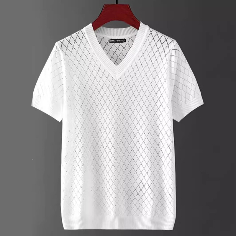 2026 Men's Ice Silk Hollow Out V-Neck T-Shirt Top Summer Cool Plus Size Sweetheart Neck Women's Jeans