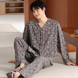 【L-4XL】春秋新款纯棉男士长袖长裤开衫V领睡衣印花休闲男家居服