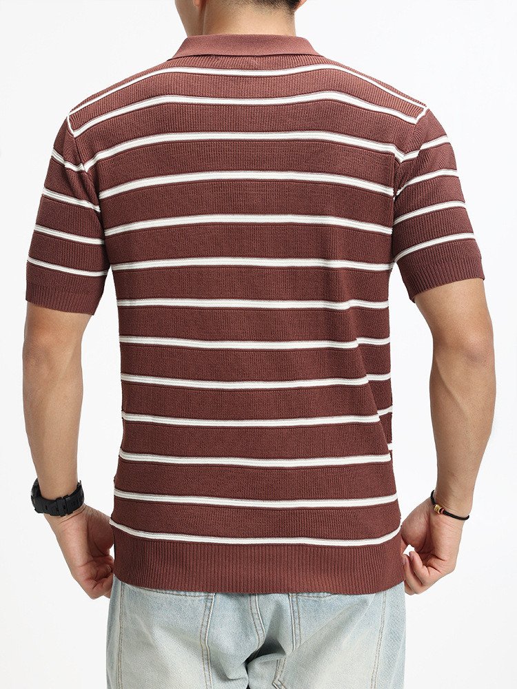 Camiseta de polo de punto a rayas horizontales de alta calidad, semia cremallera, texturizada, camiseta de mangas cortas de viaje de negocios para hombres