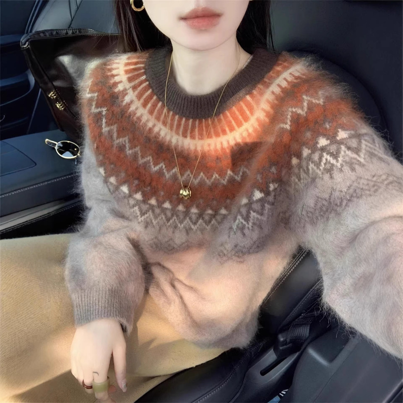 Fair Isle Jacquard Christmas Sweater for Women, Autumn and Winter Ambiance Outfit, Lazy and Loose Style, Super Stylish Thick Knit Top