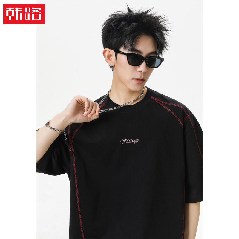Contrast Color Stitching Short-Sleeve T-Shirt for Men, Summer Style, American Letter Print, Pure Cotton, Trendy Brand, Textured Tee Contrast Color Stitching Short-Sleeve T-Shirt for Men, Summer Style, American Letter Print, Pure Cotton, Trendy Brand, Textured Tee