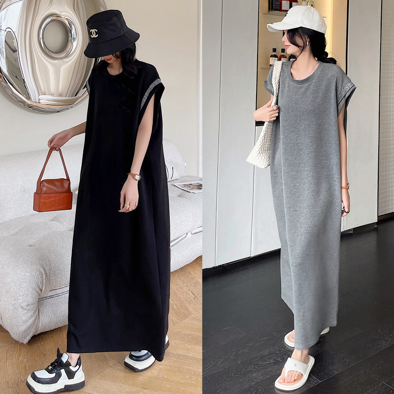 30219 # New Arrival in Spring and Summer 2025/Small Flying Sleeves with Silver Ribbon Round Neck Loose Long T-Shirt Dress