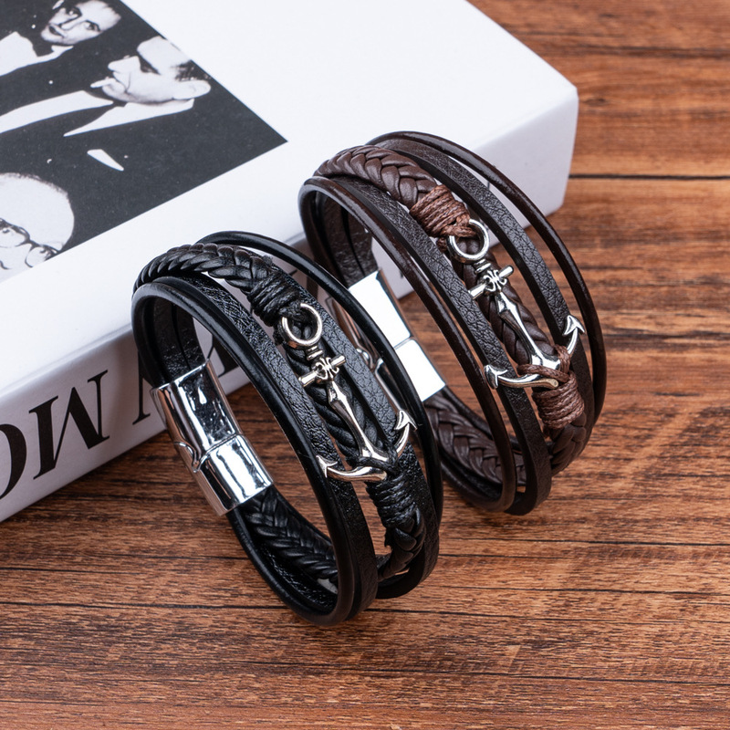 European and American Cross-Border Light Luxury Fashion Men's Alloy Anchor Bracelet Jewelry Wholesale Punk Style Braided Magnetic Buckle Leather Bracelet European and American Cross-Border Light Luxury Fashion Men's Alloy Anchor Bracelet Jewelry Wholesale Punk Style Braided Magnetic Buckle Leather Bracelet