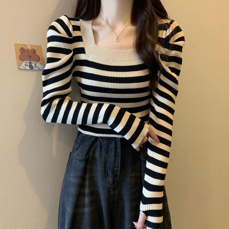 Plus Size Striped Puff Sleeve Sweater for Women, Autumn Fashion Korean Style Knitted Slim Fit Base Shirt with Square Neck Top