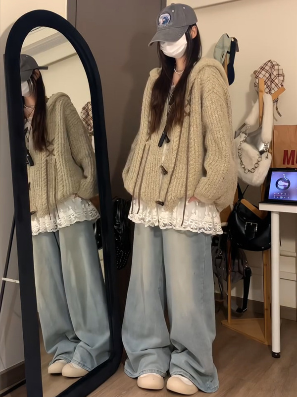 韩版穿搭连帽针织牛角扣开衫毛衣女秋冬百搭休闲软糯帽衫外套上衣|undefined