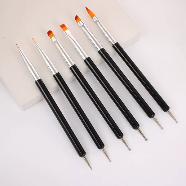 6pcs Black Plastic Penholder Double Head with Brush Point Flower Needle Nail Art suit Pull Line Painted Gel Multifunctional Nail Art