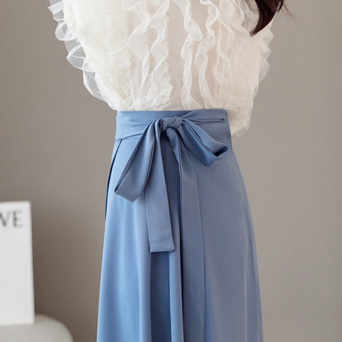 2025 Spring Korean One-Piece Belted High-Waisted Medium-Length A-Line French Knee-Length Wrap Dress for Women