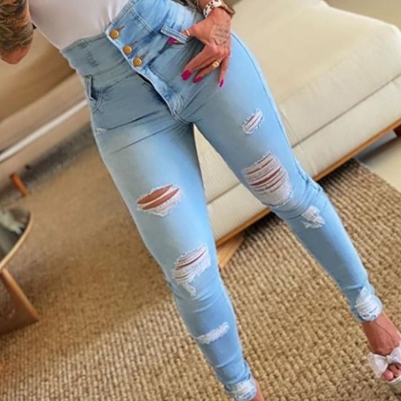 Jeans Rotos de Cintura Alta Estilo Europeo y Americano 2025, Disponibles en Fábrica, Pantalones Ajustados Modernos y Únicos para Mujer