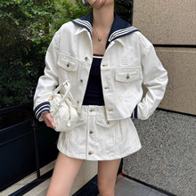 深圳南油高端女装2025秋季学院风条纹海军领牛仔外套+半身裙套装