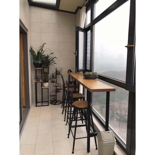 Balcony Bar Table Home Distressed Log Solid Wood Wine Nostalgic Table and Chair Wall Retro Long Elevated Narrow Table by Window