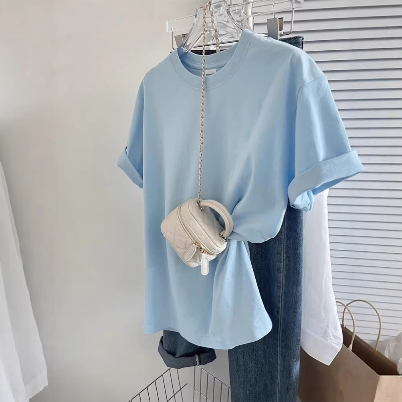 Pure Cotton Blue Short-Sleeved T-Shirt for Women, New Summer Style, Loose and Slimming, Solid Color T-Shirt, Simple and Versatile Half-Sleeved Top