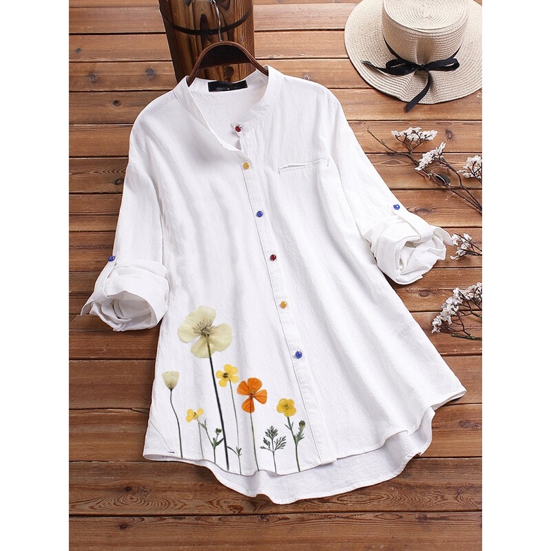 2022 Spring and Summer Hot Selling New Cross-border Printed Shirt Stand Collar Colorful Button Shirt Cotton and Linen Women's Clothing