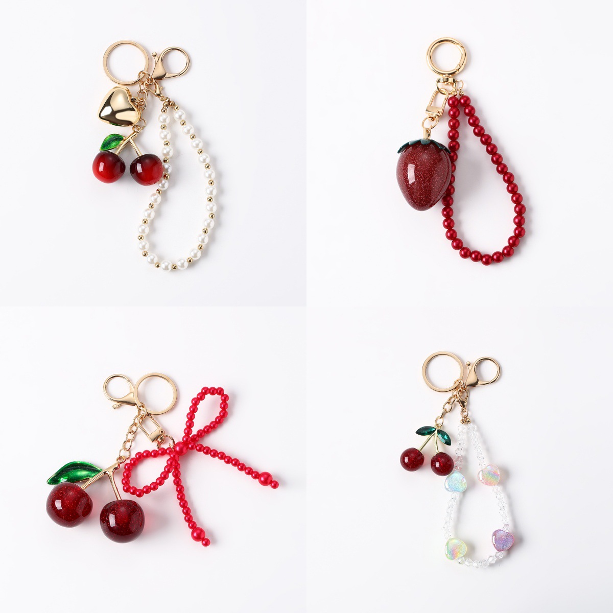 Crystal Bow Keychain Pendant Cherry Bag Buckle Fruit Series Pearl Pendant Women's Love Mobile Phone Chain