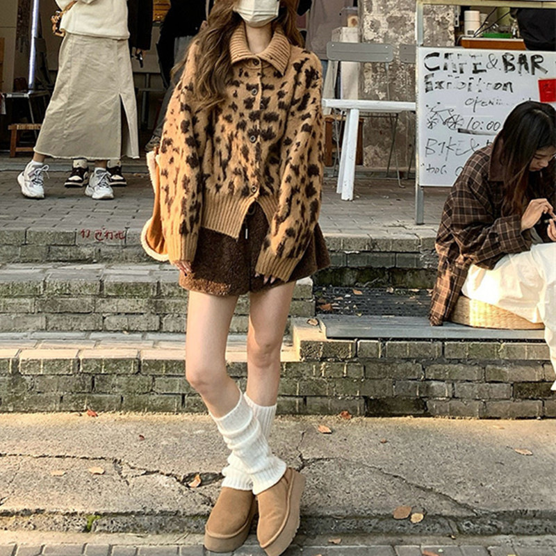复古豹纹毛衣外套女秋冬新款保暖高级感宽松慵懒风小个子针织开衫|undefined