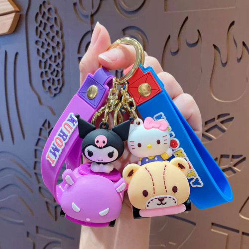 Cartoon Cute Sanrio Couple Dragging Car Keychain Creative Car School Bag Doll Pendant Small Gift