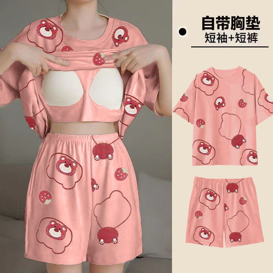 One-piece Pajamas with Chest Pad Women's Summer Short-sleeved Shorts Korean Style Cartoon Cute Sweet Girl's Casual Home Clothes