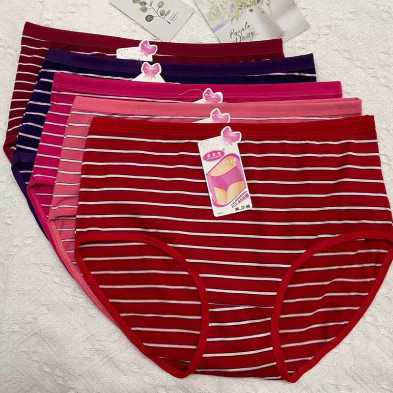 Middle-Aged and Elderly Mothers Classic Striped Plus Fat Large Size Underwear Women's Loose Breathable Briefs Wholesale Supply